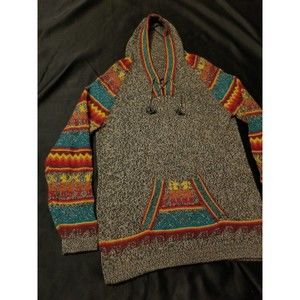 Tejido Arte Peru Alpaca Hooded Aztec Colorful Sweater Jacket Size XL/ L Pullover